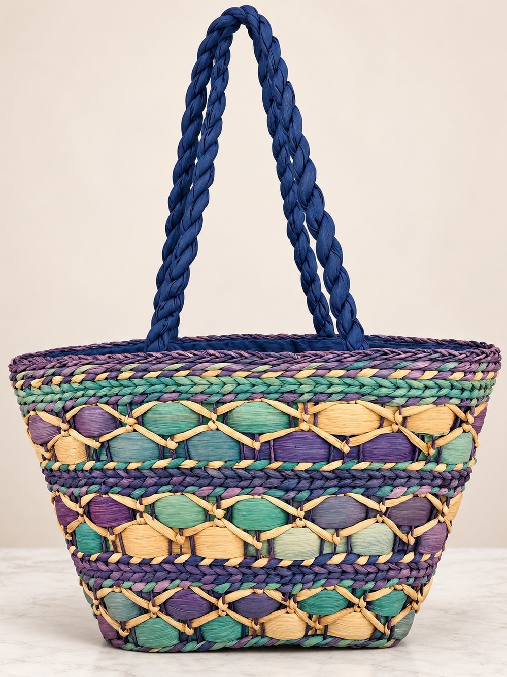 Cappelli Straworld Woven Straw Tote Bag Purple Green Navy Boho Coastal Shoulder